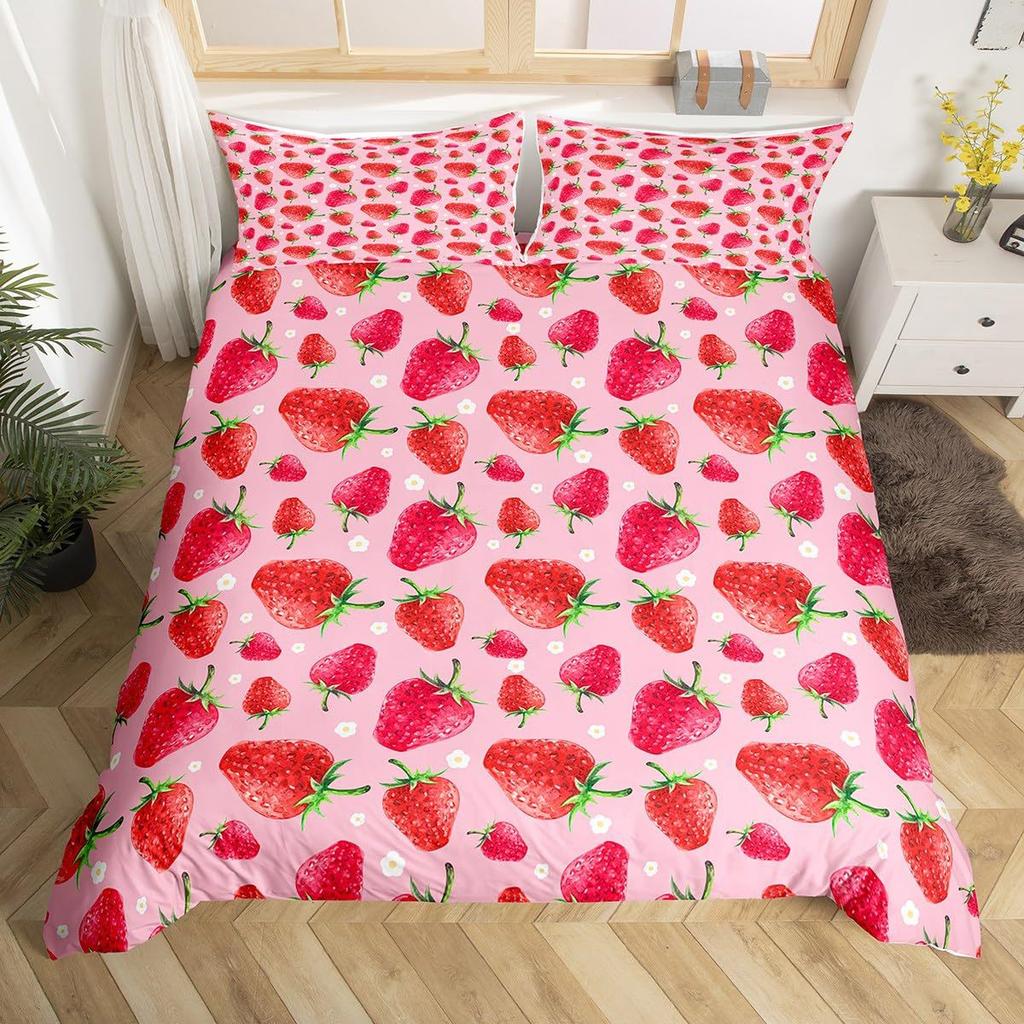 Strawberry Pink Duvet Cover Cute Fruit Print Bedding Three-piece Set Girl Room Decoration