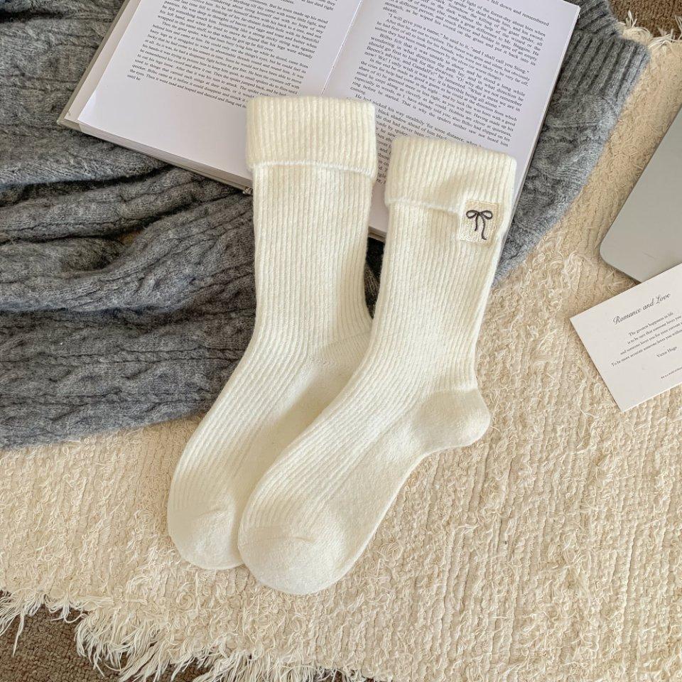 Stacked Socks, Thickened Socks, Korean Love, Double Fleece, Bow, Warm Spiral Mouth, Embroidered Wool Socks, Gray Stripes