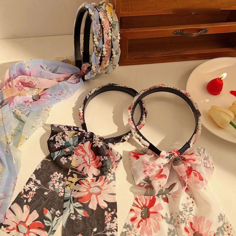 Adjustable Bow Silk Scarf Headband Floral Print Hair Hoop Ribbon Hairband Boho Hair Accessory