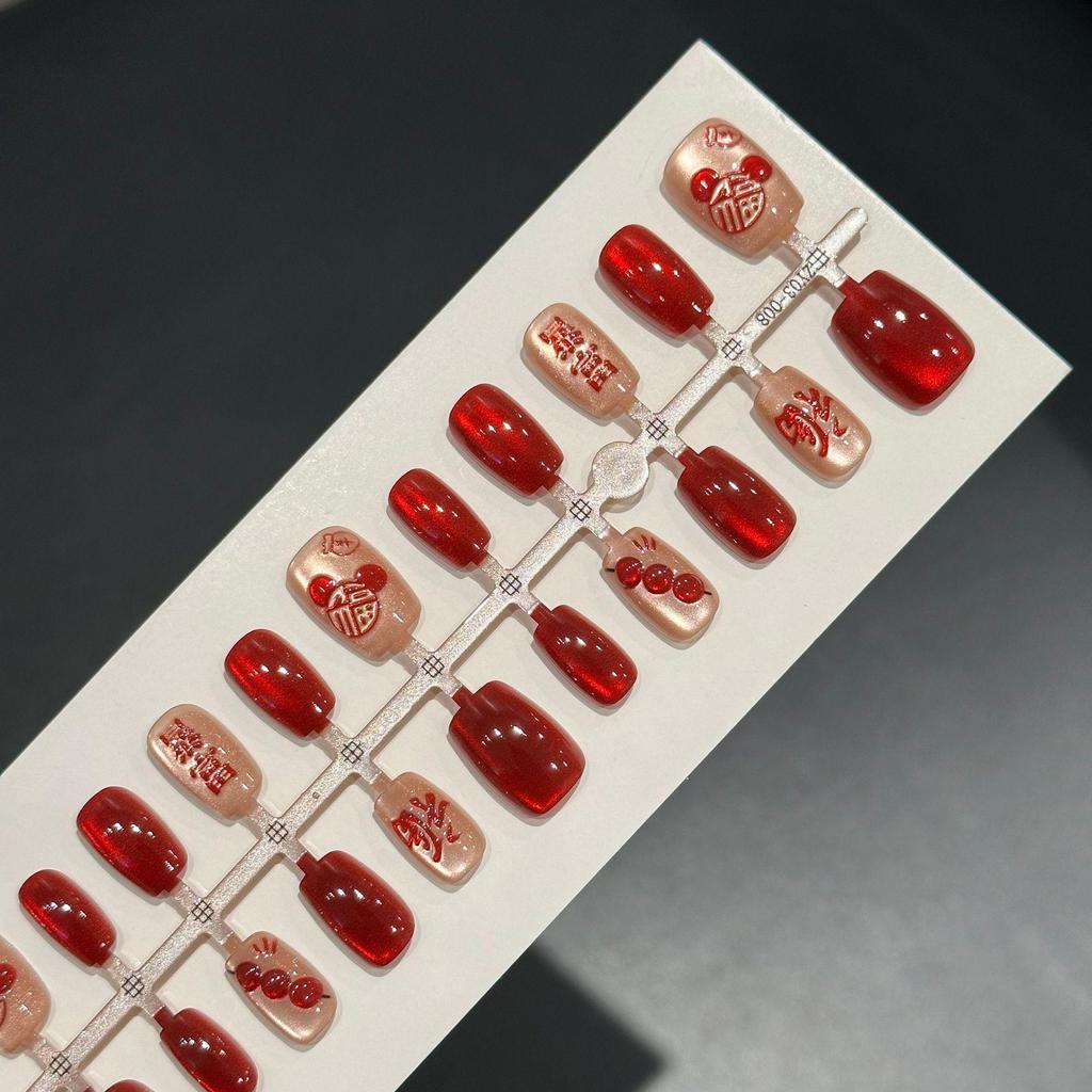 Handmade Resin Red Faux Nail Art Tips: 30 Pre-made Wearable Fortune & Blessings Stickers