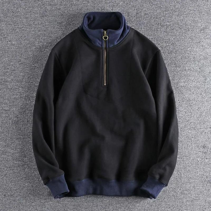 Men Autumn Winter New Style Loose Stand Collar Half Zip Trendy Sweatshirt Fleece Lined Thickened Color Block Casual Top Jacket