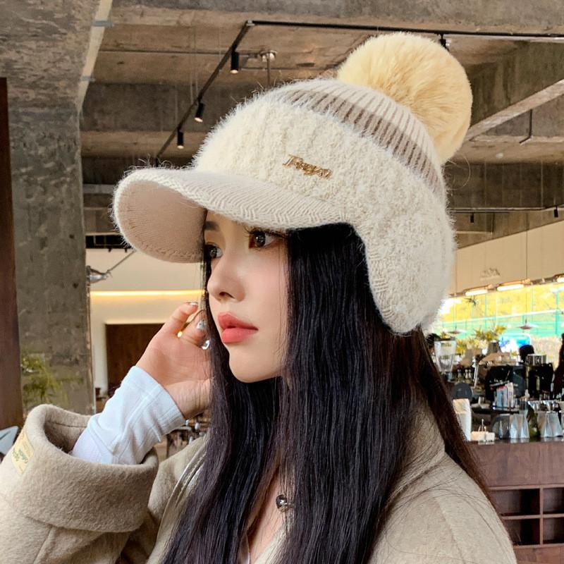 Knit Hat Women Winter Warm Woolen Earmuff Cap With Short Brim For Casual Fashion