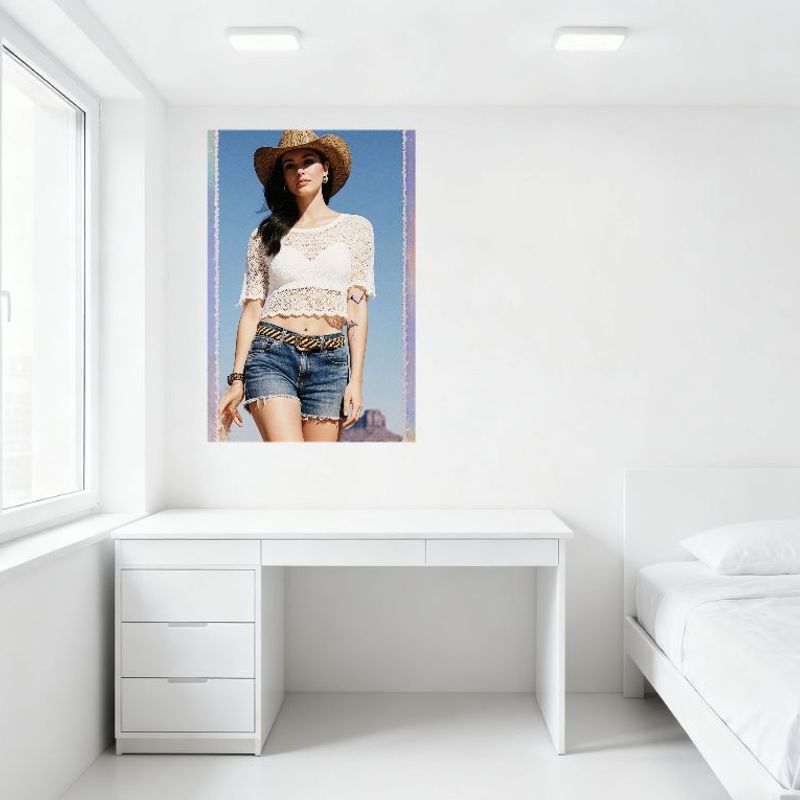 Sexy Woman Outdoor Desert Landscape Tin Sign - Wide-Brimmed Hat, Cropped Lace Top, Denim Shorts, Leopard Belt Metal Wall Decor F