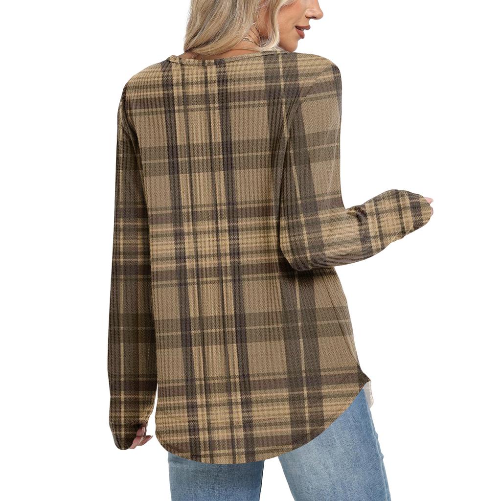 Women's Plaid Print Round Neck Long Sleeve Casual Loose Top