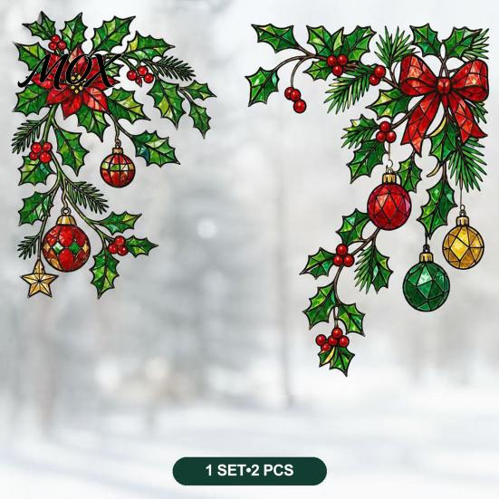 Static Window Cling 2Pcs Christmas Clings, Corner Wreath No?Glue Glass Decals with Holly Reusable Sticker Xmas Balls Bow Poinsettia, Stickers
