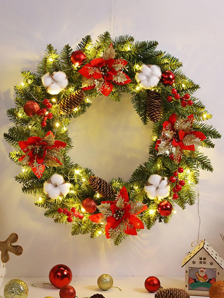 Christmas Door Decor Wreaths with Spruce Pine Cones Berry Ball 40CM Hanging Garlands Realistic PVC Light Up for Home Party Decor