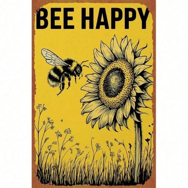 Vintage Sunflower Bumble Bee Metal Wall Poster, Rustic Decor for Kitchen Bar Garden