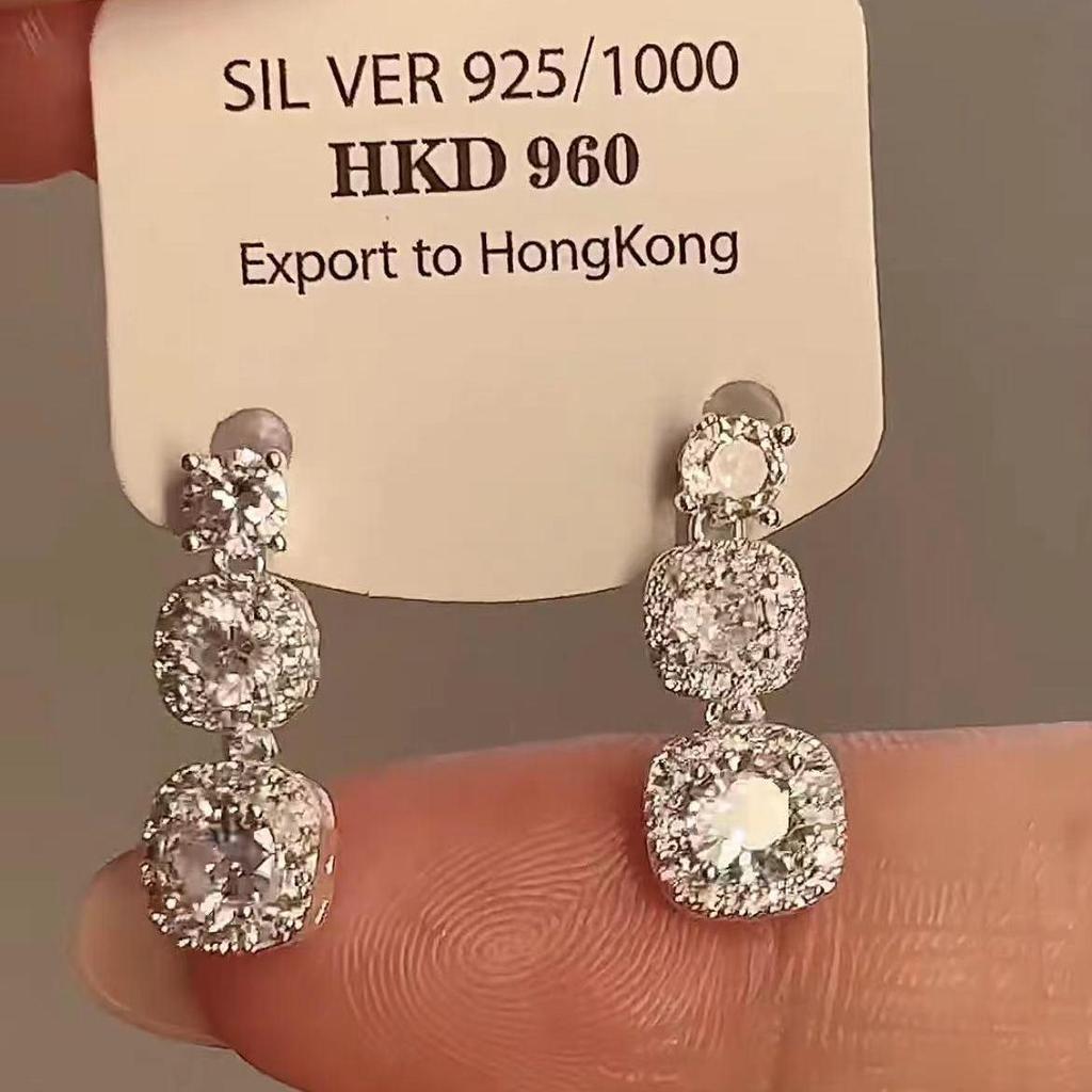 Korean Zircon Geometric S925 Silver Earrings for Women - Luxury Flash Square Diamond Design