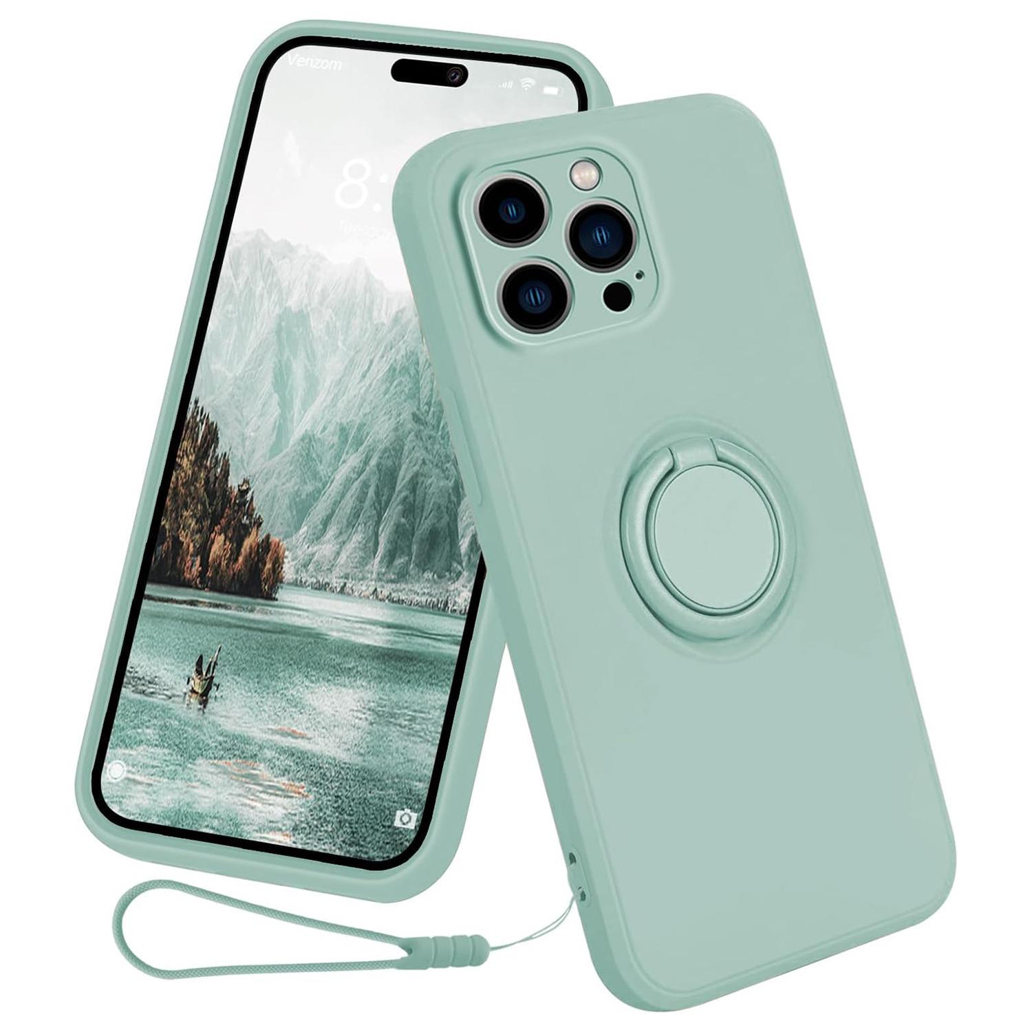 

For iPhone 16 Pro Silicone Case with Strap Ring Kickstand Phone Cover Light Green