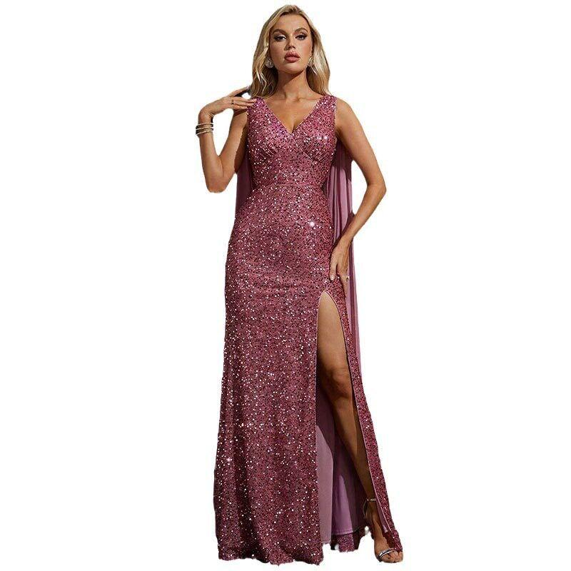 European and American Cross-Border Fashion New Amazon Long Dress Sexy Spaghetti Strap V-Neck Slit Sequin Dress Birthday Dress