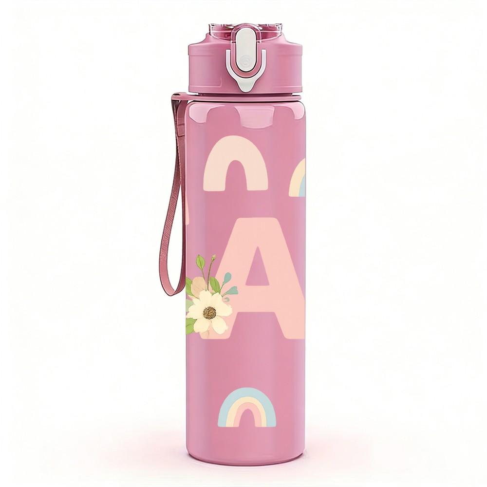 1PC Rainbow Letter A Floral 750ml Color Plastic Sports Water Bottle Leakproof Flip Straw Lid Suitable for Sports Office Home Use