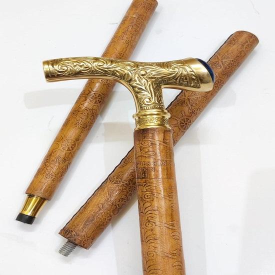 Handgefertigter Gehstock mit Messinggriff und Lederschaft