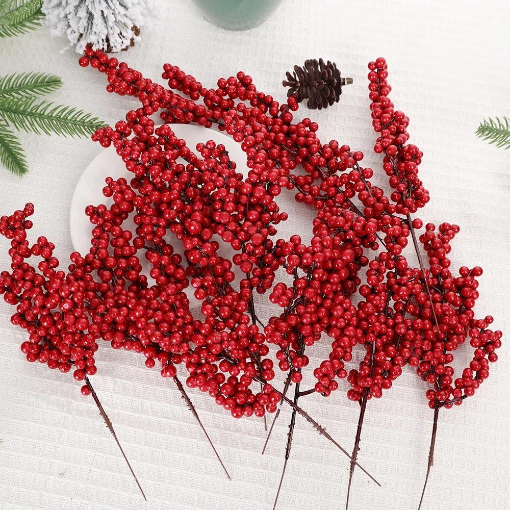 20/1pcs Christmas Red Berries Branches Artificial Holly Berry Stamen Plants Flowers Wreath Ornaments Xmas Tree Party Home Decor
