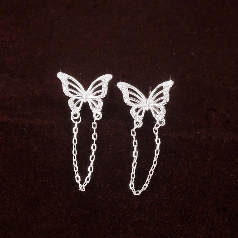 S925 Sterling Silver Butterfly Chain Stud Earrings for Women - Luxurious, Exquisite Niche Design 925 Silver