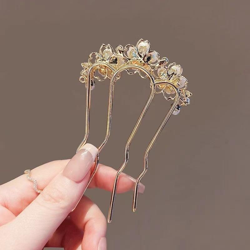 Perłowy Kwiat Falowane Patyczki do Włosów Kobiety Elegancki Styl Leśny Spinka do Włosów w Kształcie Litery U Wysokiej Klasy Metalowa Klamra do Włosów typu Kok Akcesoria Biżuteryjne