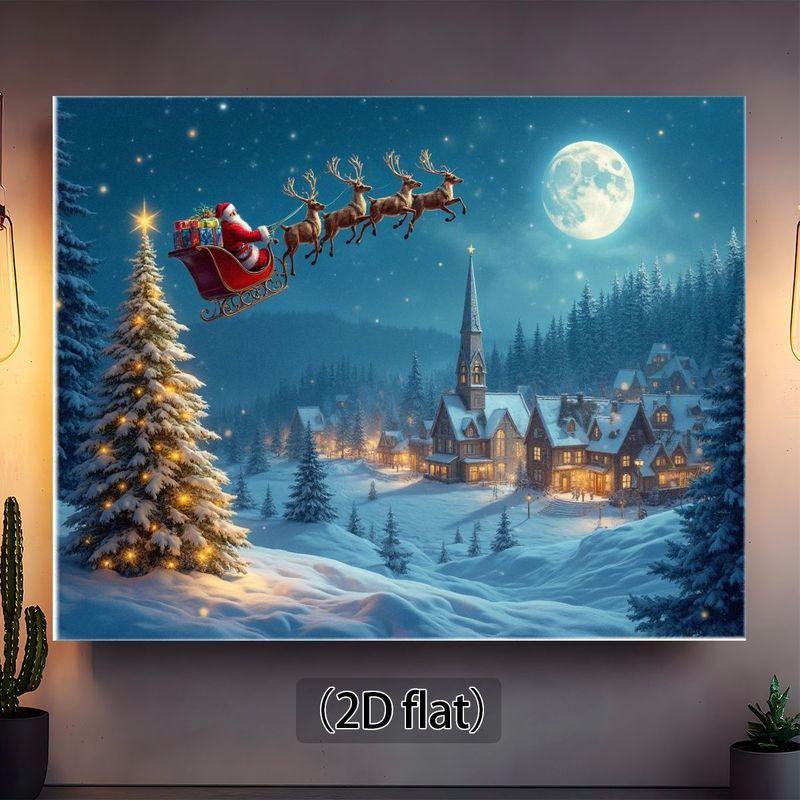 1pc Festival Santa Claus Sled Canvas Mural - Winter Miracle Scene with Snow Village and Full Moon Christmas Home Decoration