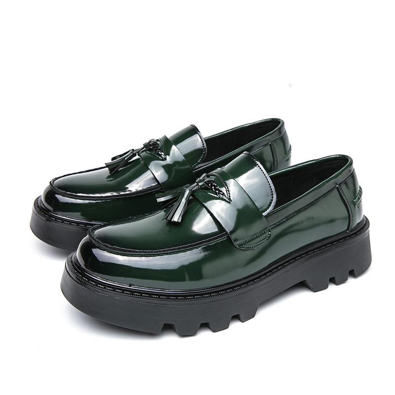 Men's Shiny Tassel Pointed Toe Leather Slip-On Loafers with Thick Sole - Plus Size Formal Casual Shoes
