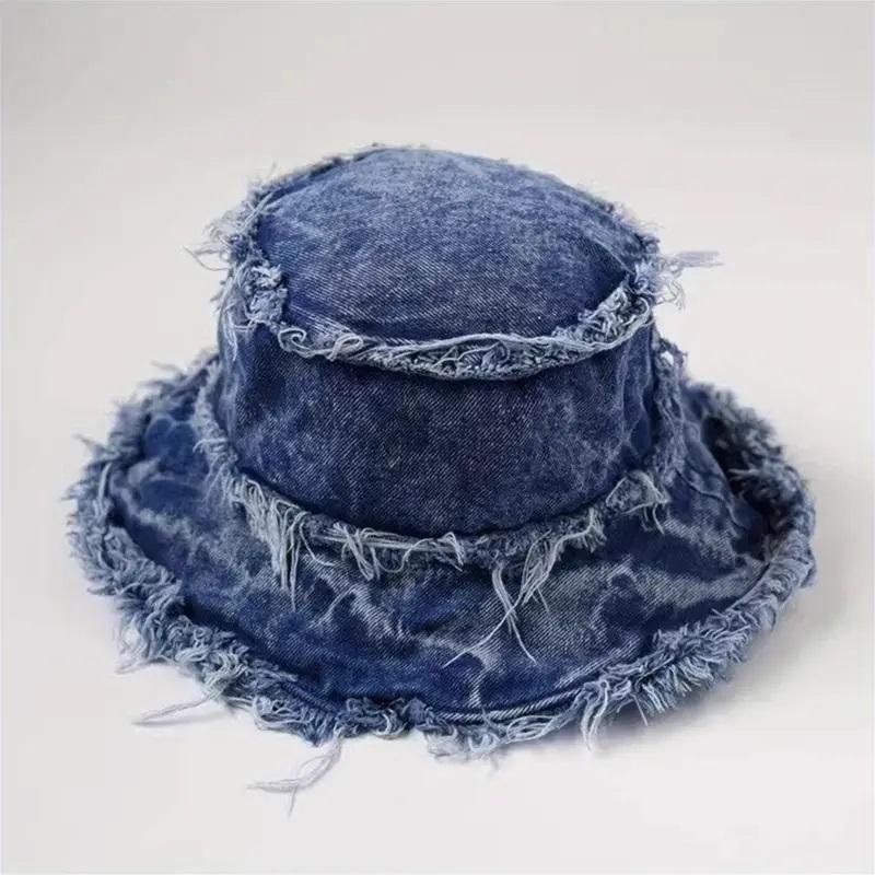

Raw Hem Denim Bucket Hat Letter Label Basin Hats Stylish Versatile Lightweight Fisherman Hats-Daily wear matching and shading синій