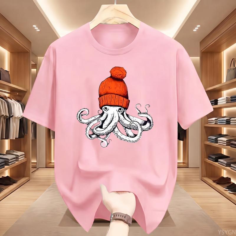 Octopus Orange Knitted Hat Cotton T-shirt Japanese Printed T-shirt Casual Cotton Short Sleeve T-shirt Unisex T-shirt