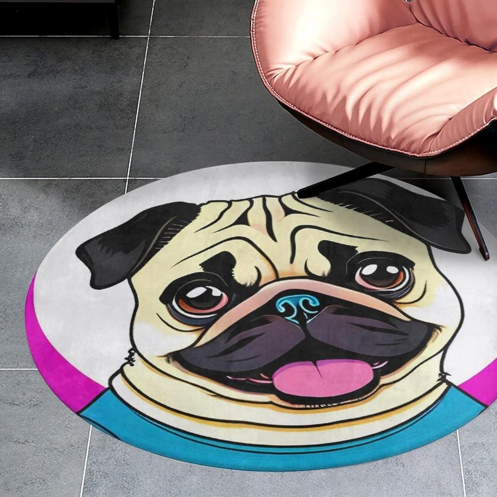 Funny Cartoon Pug Puppy Dog Round Rug Washable Area Rugs Indoor Circle Door Mat Soft Non-Slip Carpet for Living Room Bedroom