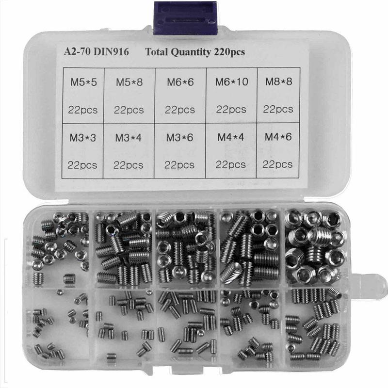 220pcs Stainless Steel Hex Set Screw Assortment Kit For Electronic Products, Chemical Industry, Mechanical Equipment, Furniture