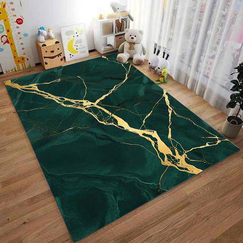 Green Marble Pattern Carpet with Gold Veins, Modern Luxury Decor Rug Suitable for Use As an Anti-slip for Living Room Bedroom Sofas