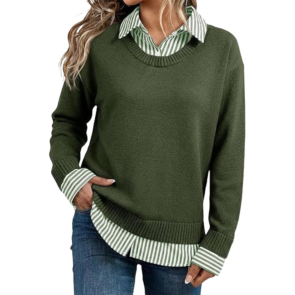 Women's Striped Knit Pullover Sweater Loose Fit Long Sleeve Casual Top