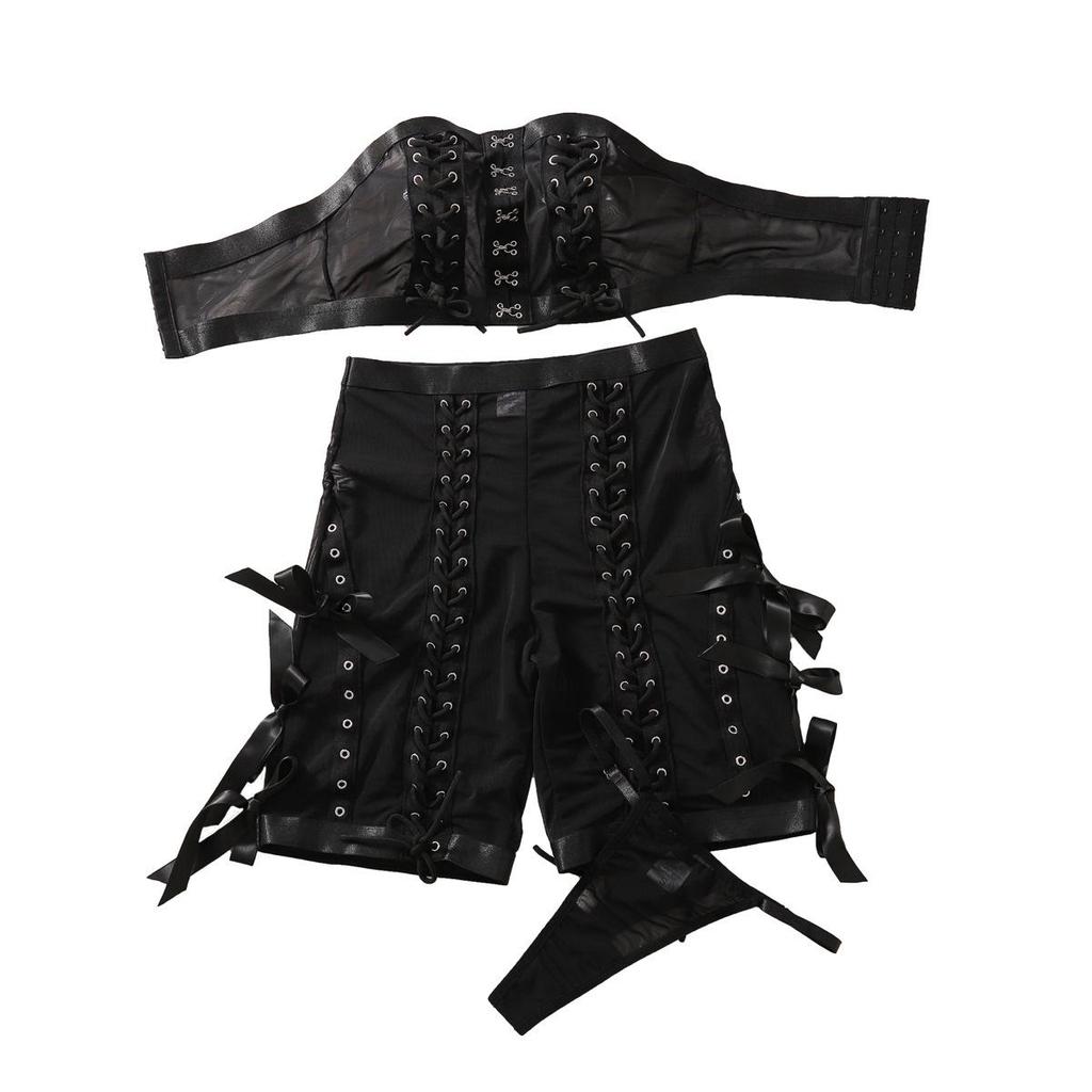 Women's Sexy Lingerie Set Tie-up Tight Mesh Lingerie Set Black Push-Up Shaping Lingerie Set
