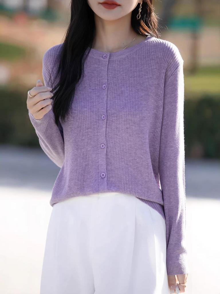 Women's Korean Style Loose Wool Cardigan - Round Neck, Long Sleeve, Spring Outerwear