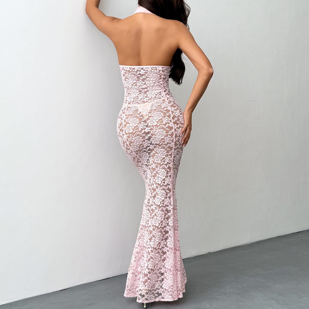 Women's Sexy Solid Color Halter Neck Hollow Out Sheer Lace Slim Fit Mermaid Maxi Evening Party Dress