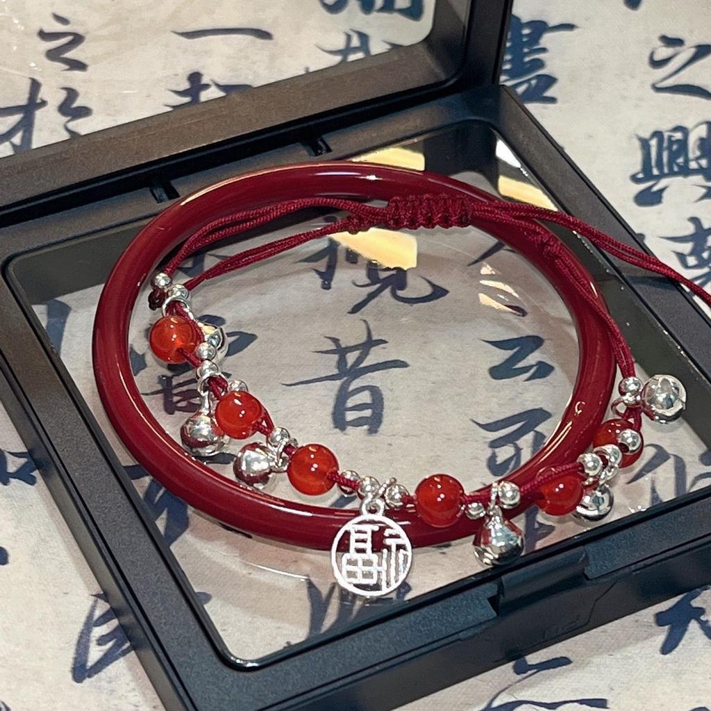 Miao Girl~Red Rope Bell Bracelet Handmade Woven Bright Playful Girl Heart Hand Accessory Exquisite Bowknot