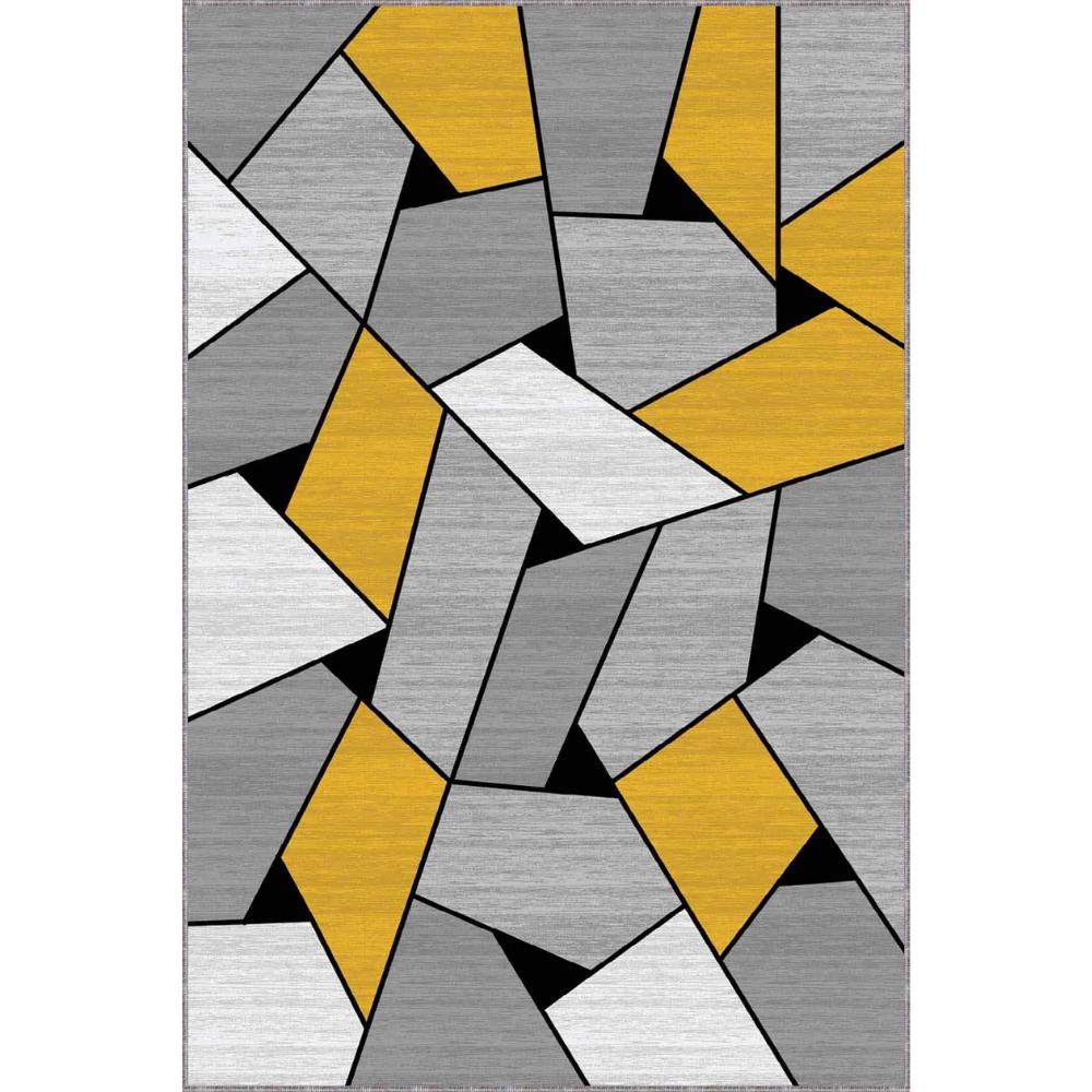 Stylish Yellow Geometric Washable Carpet for Modern Spaces, Soft Area Rug