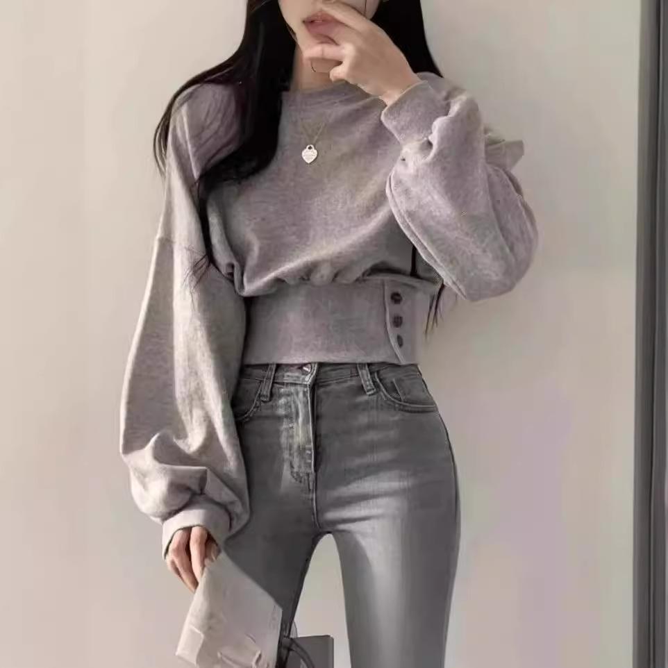 Spring and Autumn Casual Long-sleeved Short Round Neck Pullover Sweatshirt