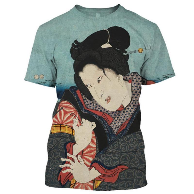 2022 Japanese Geisha 3d Print T-shirt Print Bushido Cool Fashion Short Sleeve Top Ladies Girl Boy Unisex StreetWear Men Women
