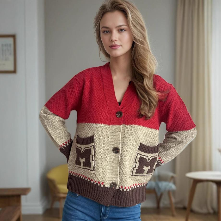 New Knitted Cardigan Autumn Edition Color Blocked Women's Sweater Jacket, Loose Casual Top for Outer Wear 3522