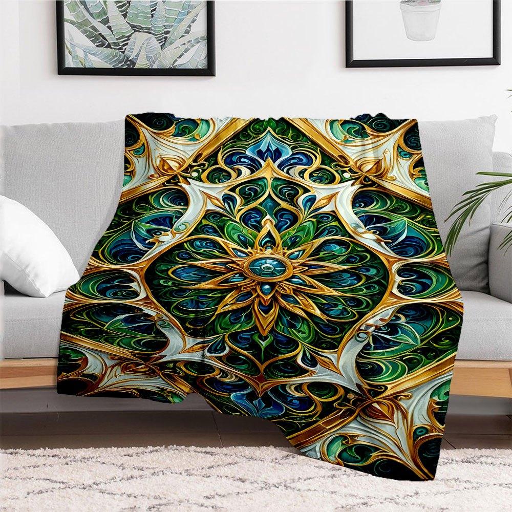 "Golden Mandala Artwork: Vibrant Green & Blue Decorative Pattern"Blanket Flannel Throw Blanket for Sofa, Bed, Travel, Camping, Office, Couch