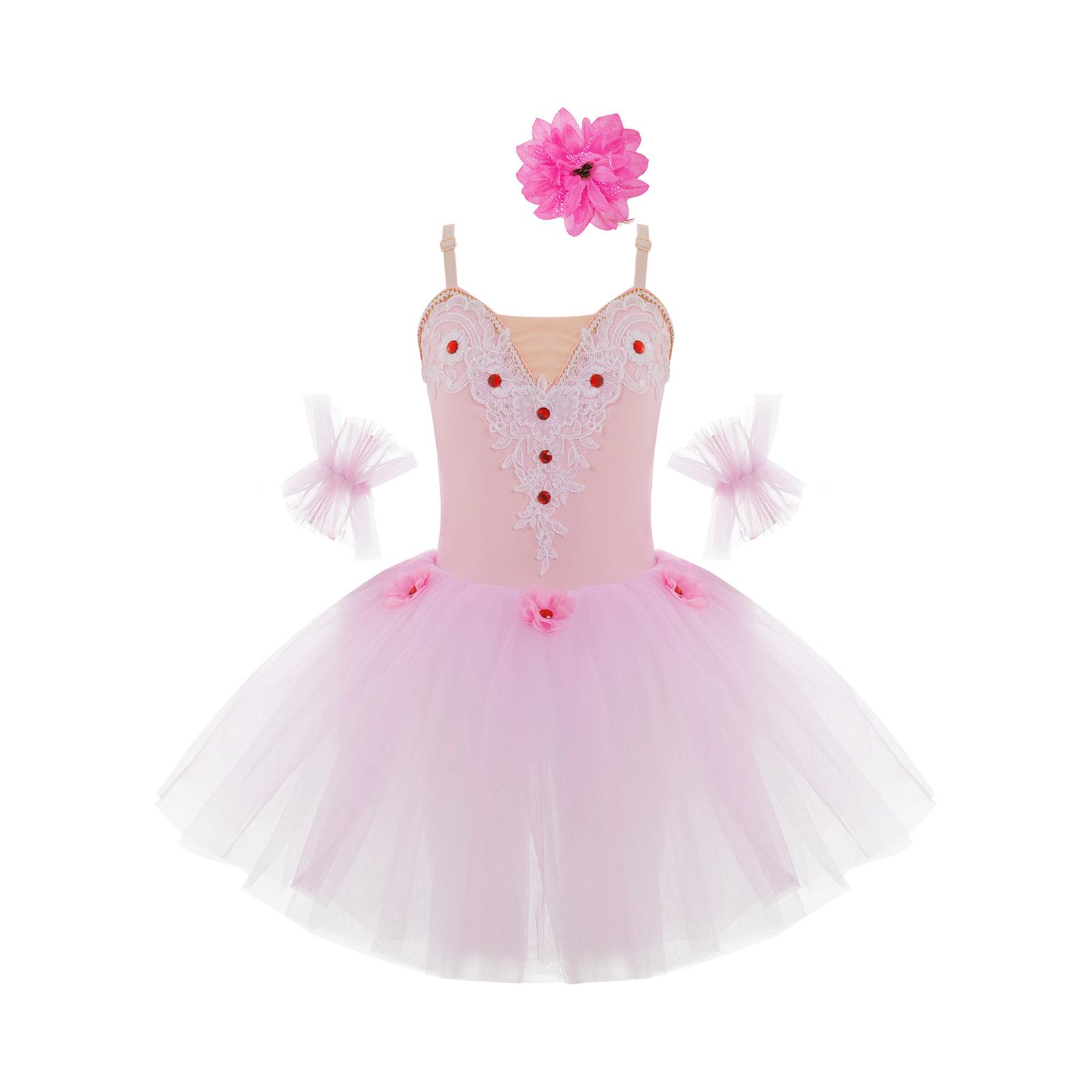 

Танцевальное платье-пачка без рукавов для девочек, регулируемые бретельки, кружевная сетка со стразами, юбка, головной убор, манжеты, комплект 13-14 Years розовый