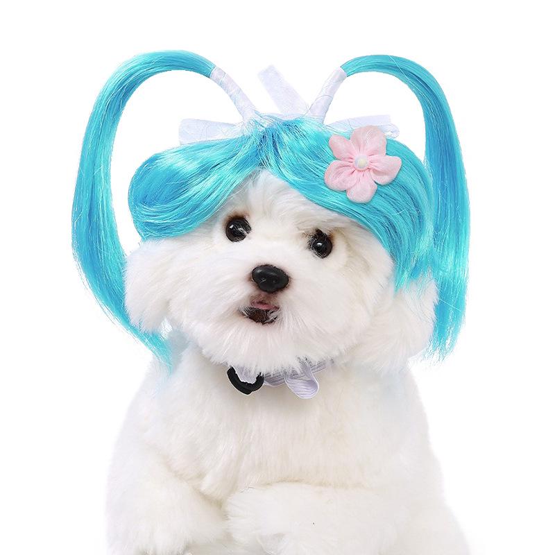 Entzückende blaue Doppelzopf-Perücke für Haustiere - Niedliche Crossdressing-Kopfbedeckung für Katzen und Hunde