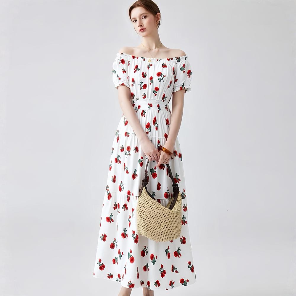 Bohemian Cotton-Silk Floral Printted Off-the-Shoulder French-Style Summer Dress for Women Ethnic-Style Elastic Waistband Pleayed Long Dress