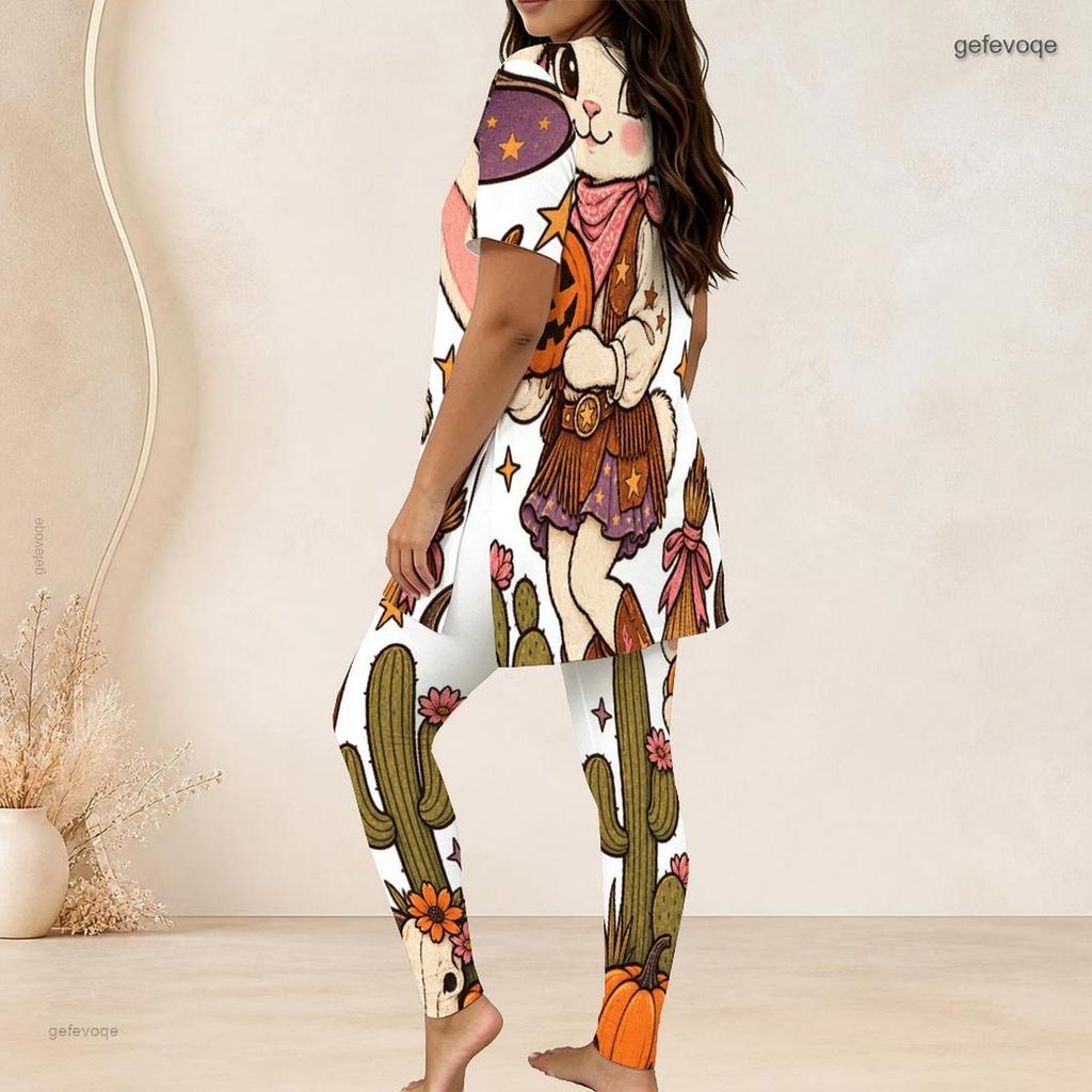 Women Plus Size Two Piece Set Round Neck Short Sleeve Cartoon Lamb Printed Top Fitted Long Pants