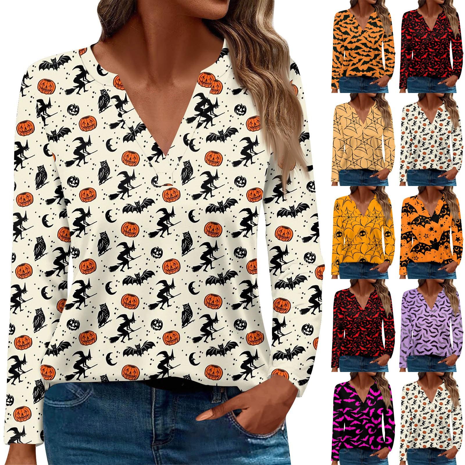 

Женская футболка Футболка Хэллоуин С принтом Длинный рукав Повседневные Выходные Мода Классический V-образный вырез Обычный Топ M оранжевый