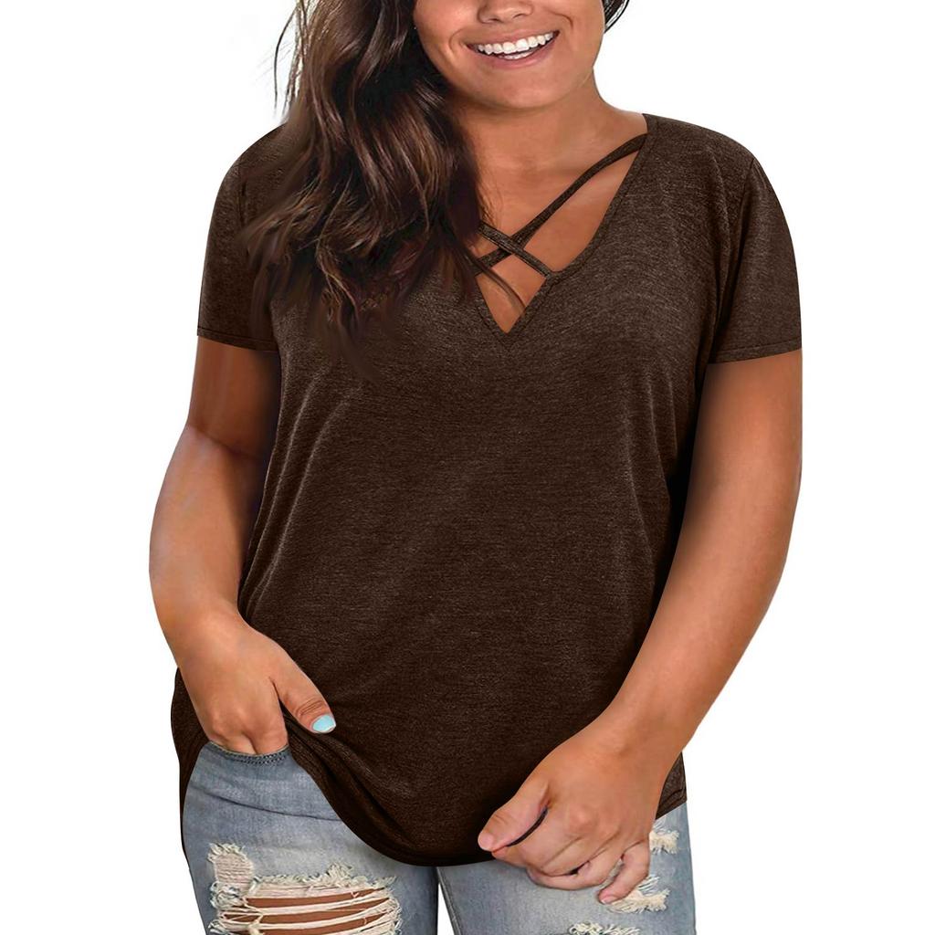 Women Plus Size Casual V Neck Short Sleeve Top Loose Fit Basic Tee Soft Fabric Comfortable Design for Daily Wear