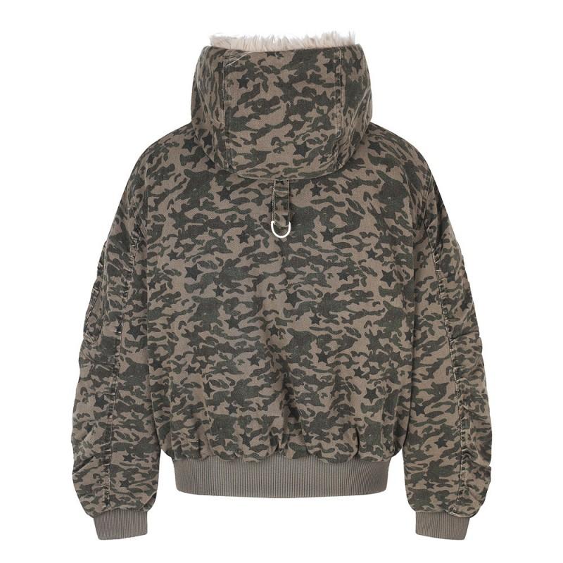 Vintage Mens Camo Hooded Puffer Jacket Loose Fit Winter Casual Warm Coat Young Men