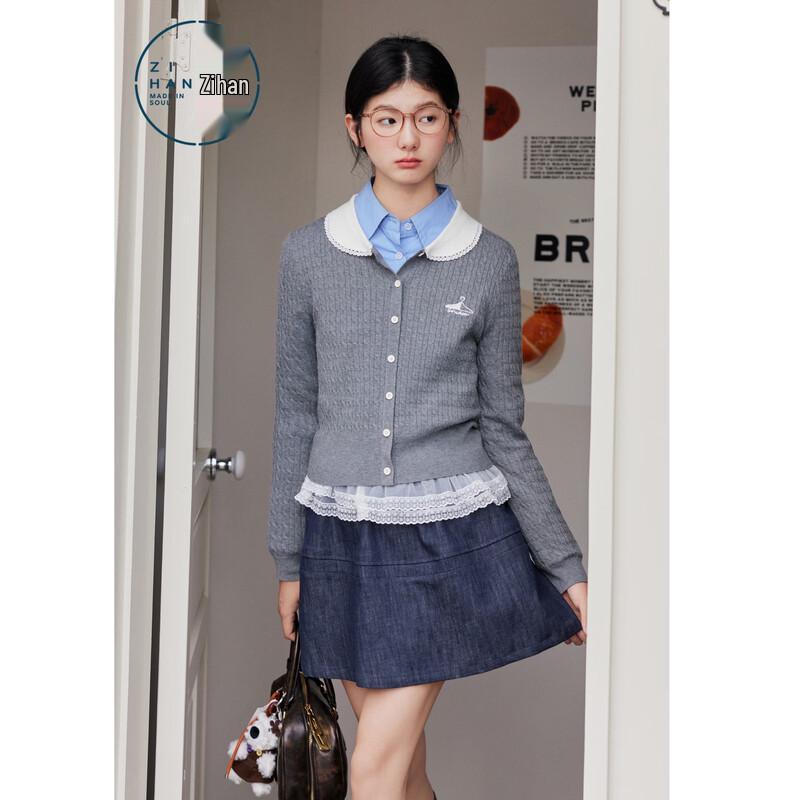 

ZIHAN Women s Contrast Lapel Knit Cardigan L