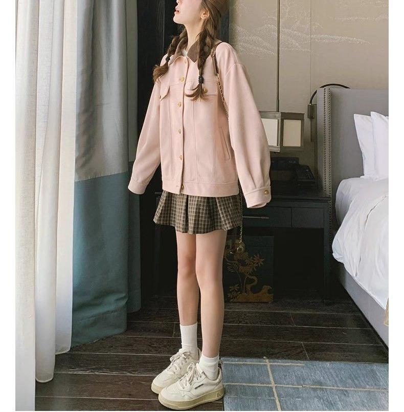 Women's Pink Korean-Style Suede Jacket - Fashionable Spring/Autumn Workwear Design