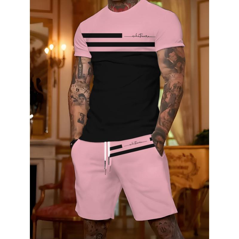 Trendy Men s Suit Short-sleeved T-shirt + Casual Shorts Two-piece Summer Slim and Fashionable Men s Two-piece Set S