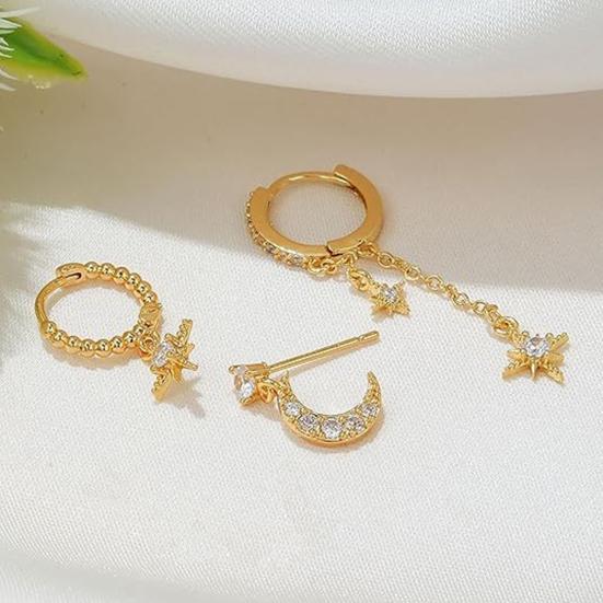 3 paia di orecchini da donna a forma di luna e stella, orecchini a cerchio in rame elettroplaccato, orecchini a bottone con strass, per feste di ballo e appuntamenti