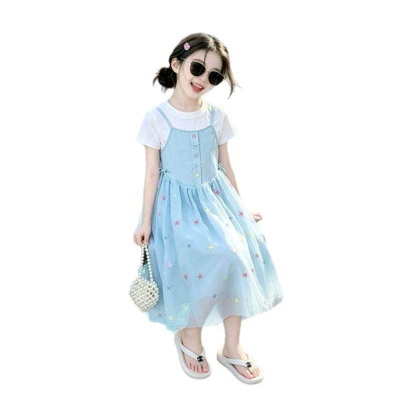 Girls Summer Princess Dress Medium Large Kids Short Sleeve Fake Two Piece Mesh Tulle Dress Sweet Casual Party Gown