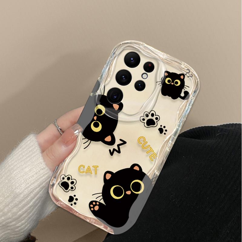 Cartoon Big Eyes Black Cat Case for Samsung Galaxy S25 S24 Ultra S23 S22 S21 S20 Plus FE A56 A36 A26 A17 A07 Soft Silicone Etui