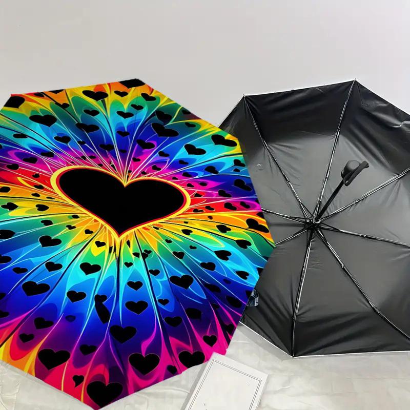 1pc Heart Rainbow Automatic Open/Close Umbrella Compact Folding Umbrella with 8-Rib Shaft for Women/Men, Elegant Birthday1198S
